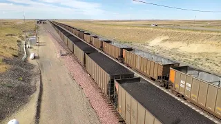 BNSF coal trains meet on the Powder River Subdivision in Wyoming