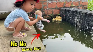 Scared, Smart little monkey Tony went into the water to play with his startled mother duck