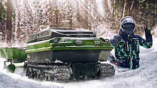 Mini tracked ATV or maxi motorsled Rostin. Test in deep snow