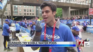 Runners at London Marathon try edible water pods