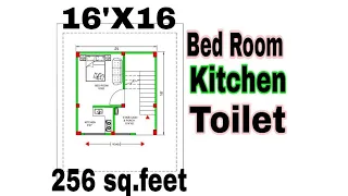 16x16 House Plan 256 Sq Feet Planning For Plan House Design Kitchen Toilet 1Bed Room Home Plan.