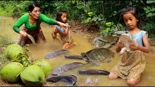 Mother with daughter catch turtle and fish in flood forest- Cooking turtle with water coconut recipe