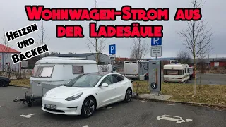 Camping an der Ladesäule - Strom für Auto und mehr - Tesla mit Wohnwagen