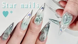 Unique star nail art✨ Clear french nails / nail extensions / asmr