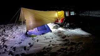 Winter Hot Tent Camping in my Jeep Wrangler Tj - Heavy Rain and Snow