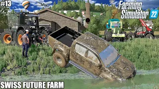 Getting out the PICK UP of the ditch and Spreading MANURE│SWISS FUTURE FARM│FS 22│13