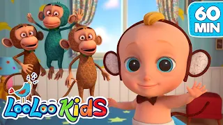 🐒 Five Little Monkeys Jumping on the Bed | 1 Hour of LooLoo Kids Nursery Rhymes & Laughter 🛏️