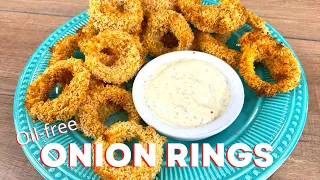 The Crispiest OIL-FREE Onion Rings with Homemade Nut-Free Vegan Ranch Dressing