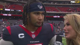 C.J. Stroud speaks with Jennifer Hale after the win against Tennessee