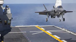 US F-35 Stealth Jet Mesmerizing Helicopter Style Landing at Sea