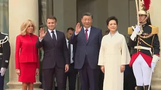 French President Macron welcomes Chinese President Xi to Elysee Palace in Paris