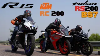 New 2023 Pulsar RS200 BS7 vs KTM RC200 vs Yamaha R15m Drag Race