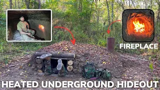Solo Overnight Building a Secret Underground Hideout with a Fireplace in the Woods and Turkey Chili