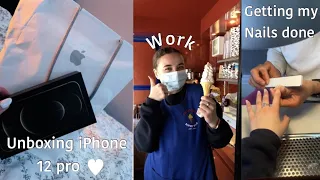 Day with me  unboxing iphone 12 pro, work and nails