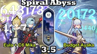 C0 Eula + C6 Mika & Budget Ayaka in Spiral Abyss 3.5 | 9 stars | Floor 12