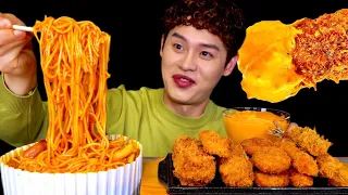 ASMR 매운 국물 스파게티 통치즈카츠 감자고로케 게살튀김 먹방!Spicy Meatball Spaghetti With Cheese Cutlet French Fries MuKBang