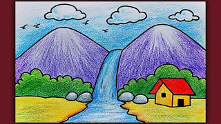 Simple Landscape Scenery Drawing for Beginners | Easy Waterfall Scenery Drawing with Color