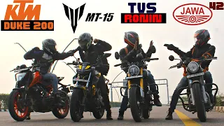 TVS Ronin 225 vs KTM DUKE 200 vs JAWA 42 vs YAMAHA MT15 DRAG RACE