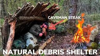 Solo Overnight With 5 Items Building a Natural Shelter with a Tomahawk Bacon Ribeye Cooked on a Rock