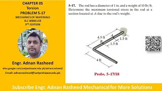 5-17 Determine maximum torsional stress in the rod | Torsion | Mechanics of Materials RC Hibbeler