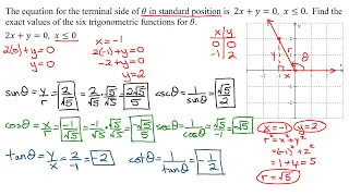 Find Six Trigonometric Functions Given Equation of Terminal Side of Theta (& Sketch Angle)