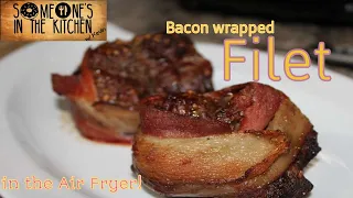 Bacon Wrapped Filet Mignon (in the Air Fryer) with sauteed onions and mushrooms