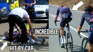 Car CRASHES into Cyclist who GETS BACK UP and nearly WINS the Race