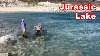 Fly Fishing in Patagonia: Landing Rainbow Trout in Jurassic Lake/ Pescando arco iris en Lago Strobel