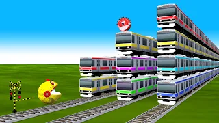 【踏切アニメ】あぶない電車 TRAIN Vs MS PACMAN Vs Nick and Tani 🚦 ミニ踏 Fumikiri 3D Railroad Crossing Animation #1