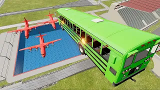 TOP 100 Random Lego School Bus Car Jumps & Car Crashes Into Airplanes BeamNG.Drive