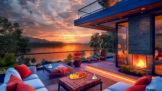 Warm Jazz Music with Fireplace Sounds ☕ Beautiful Sunset Spring in Cozy Balcony  for Sleep, Study