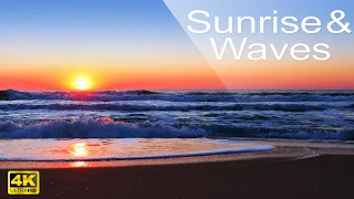 4k Sunrise on the Beach - Relaxing Ocean Waves Sounds and Seagulls - No Music