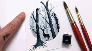 Watercolor deer in forest painting for beginners » EASY step by step winter painting tutorial