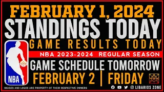 NBA STANDINGS TODAY as of FEBRUARY 1, 2024 |  GAME RESULTS TODAY | GAMES TOMORROW | FEB. 2 | FRIDAY