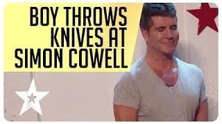 Shocking moment 11 year old Edward Pinder throws knives at Simon Cowell #HD