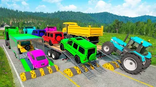 Flatbed Trailer Cars Transportation with Truck - Speedbumps vs Cars vs Train - BeamNG.Drive #12