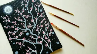 Cardboard Painting || Easy Cherry blossom Painting ||Night view Painting on Cardboard