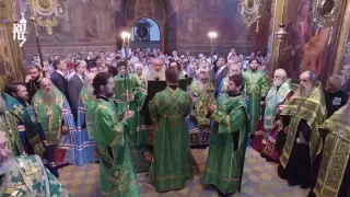 Orthodox Patriarch of Moscow serves acatist to st. Sergius