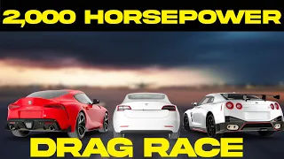 Can a Tesla Model 3 Performance beat 800 HP Nissan GTR & 600 HP Supra in a Drag Race?