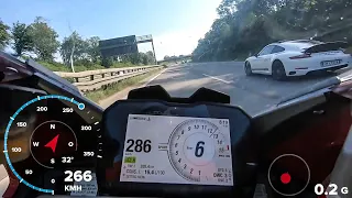 Ducati Panigale V4 und Porsche 911 Carrera S (991) auf Autobahn