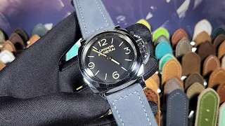 Panerai 47mm Blue Strap "Blue Steel" Nubuck Tapered 26-22 with Sewn Buckle Shown on Luminor PAM00372