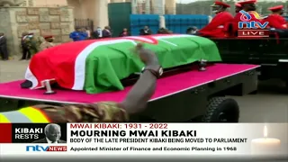 Body of the late President Mwai Kibaki arrives at the parliament buildings