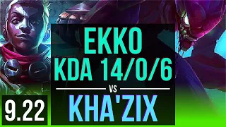 EKKO vs KHA'ZIX (JUNGLE) | KDA 14/0/6, Legendary | EUW Grandmaster | v9.22