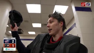 Elvis Merzlikins gets kepi from Yegor Chinakhov after Columbus Blue Jackets' win over Flyers