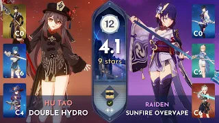 4.1 Abyss Floor 12 9Stars | C0 Hu Tao Double Hydro & C3 Raiden Sunfire Overvape | Genshin Impact