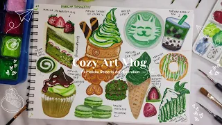 Cozy Art Vlog🥞 Painting Japanese Matcha Desserts🍰 Using Gouache🧆🌿