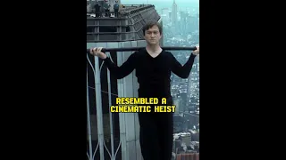 Philippe Petit walks on a tightrope between the Twin Towers