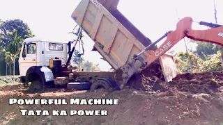 Tata 1618 4x4 heavy duty tipper got stuck in mud rescued by case excavator | Tata ka dam