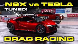 650HP NSX vs TESLA * Acura NSX vs Tesla Model S Performance Ludicrous Raven 1/4 Mile Drag Racing