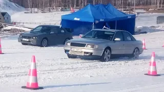 Audi S4 C4 2.2t 20v Quattro vs Subaru Impreza WRX 2.0t EJ20 uphill drag race @ snow